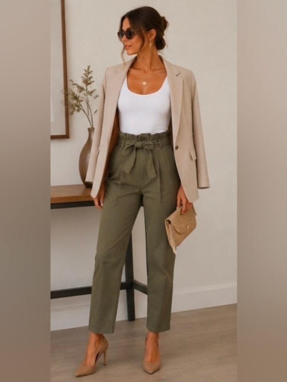 NEW 7 For All Mankind Paperbag Trousers Olive Green High Waist Tie Belt Pants